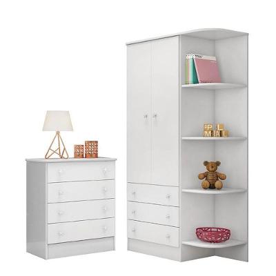 Jogo De Quarto Infantil Doce Sonho Com Guarda Roupa 2 Portas E Cômoda 4 Gavetas Branco - Qmovi Branco