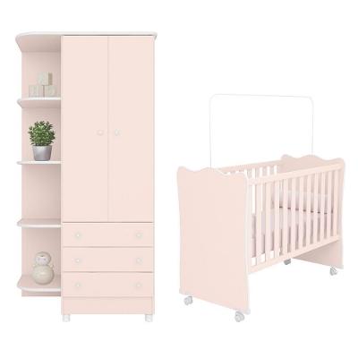 Jogo De Quarto Doce Sonho Guarda Roupa 2 Portas E Berço Rosa Acetinado Com Rodízio - Qmovi Rosa Acetinado