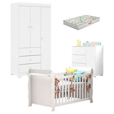 Quarto De Bebê Duda 3 Portas E Berço Americano Lara Branco Brilho Com Colchão Gazin – Phoenix Baby
