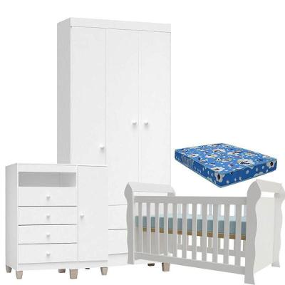 Quarto De Bebê 3 Portas Ternura Baby Com Berço Lara Branco Brilho Com Colchão Para Berço Americano - Incorplac