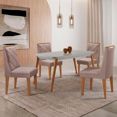 Mesa De Jantar Copper 120cm Mdf Vidro Com 4 Cadeiras Moderna Linho Capuccino/off/nat/serig. Off