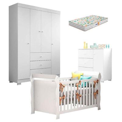 Quarto De Bebê Duda 4 Portas E Berço Americano Lara Branco Brilho Com Colchão Gazin – Phoenix Baby