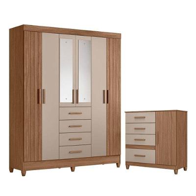 Guarda Roupa Solteiro Aruba Com Espelho E Cômoda Vênus Com Pés Carvalho Fendi – Moval