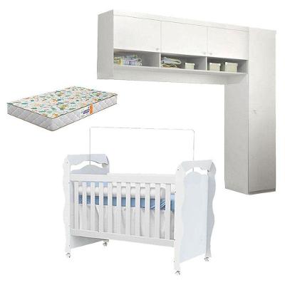 Berço Americano New Nanda Guarda Roupa Eloisa 1 Porta Com Módulo Aéreo Branco Brilho E Colchão Gazin - Phoenix