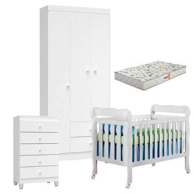 Quarto De Bebê 3 Portas Ternura Baby Com Berço Lila Branco Brilho Com Colchão Gazin - Incorplac