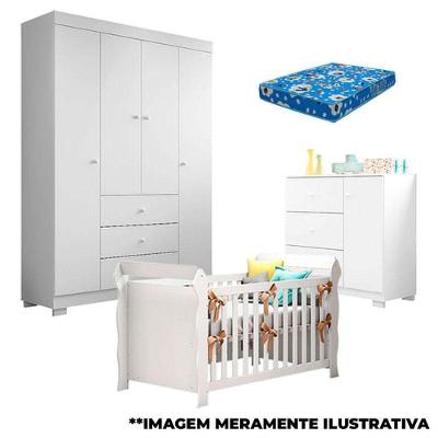 Quarto De Bebê Duda 4 Portas E Berço Americano Lara Branco Brilho Com Colchão – Phoenix Baby