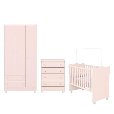 Dormitório Infantil Doce Sonho 3 Portas, Cômoda 4 Gavetas E Berço Rosa Acetinado Com Rodízio - Qmovi Rosa Acetinado