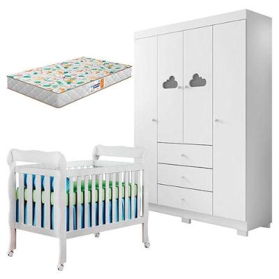Berço Americano Lila E Guarda Roupa Infantil Ane Branco Brilho Com Colchão Gazin – Phoenix Baby