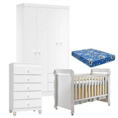 Quarto De Bebê 4 Portas Com Gaveteiro Ternura Baby E Berço Mirelle Branco Brilho Com Colchão - Incorplac