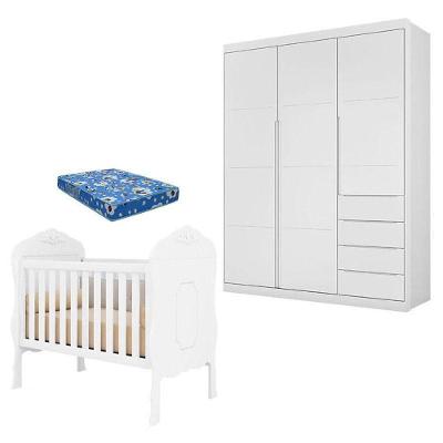 Berço Americano Realeza E Guarda Roupa Infantil Blenda Branco Acetinado Com Colchão Ortobom - Phoenix Baby