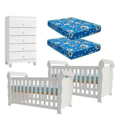 02 Berços Americano Lara Com 02 Colchões E Cômoda Gaveteiro Ternura Baby Branco Brilho - Incorplac