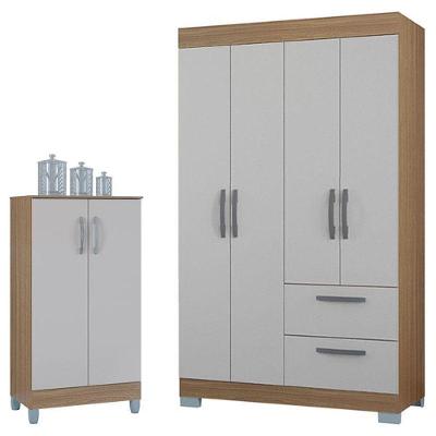 Guarda Roupa Solteiro Tóquio 4 Portas Com Armário Multiuso 2 Portas Pequeno Castanho Off White - Poquema
