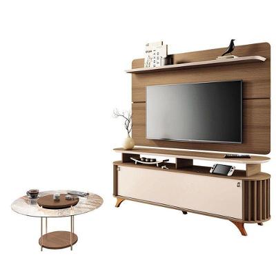 Rack Bancada Alba Com Painel Curv Com Mesa De Centro Sky Com Tampo De Vidro Castanho Off White – Hb Móveis
