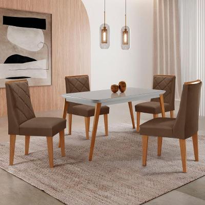 Mesa De Jantar Copper 120cm Mdf Vidro Com 4 Cadeiras Moderna Veludo Marrom/nat/off/serig. Off