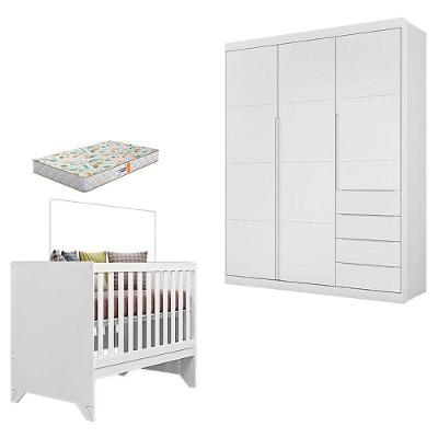 Berço Americano Maya E Guarda Roupa Infantil Blenda Branco Acetinado Com Colchão Gazin - Phoenix Baby