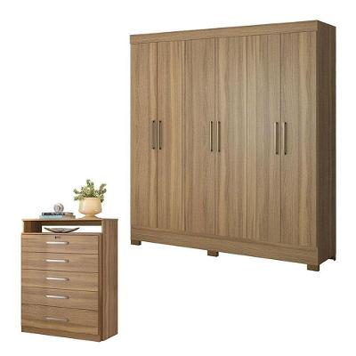 Cômoda Triunfo E Guarda Roupa Casal Prático Amêndola Touch - Demóbile