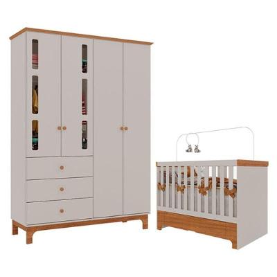 Berço Americano Mini Cama Com Gaveta E Guarda Roupa Infantil Antonella 4 Portas Off White Caramelo - Canaã