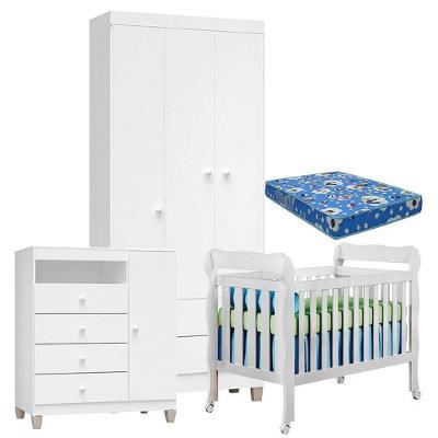 Quarto De Bebê 3 Portas Ternura Baby Com Berço Lila Branco Brilho Com Colchão Para Berço Americano - Incorplac