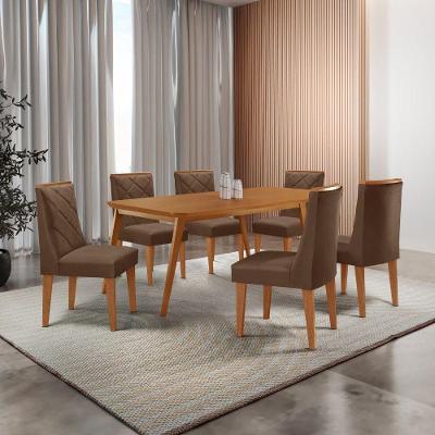 Mesa De Jantar Copper 180cm Tampo Com 6 Cadeiras Moderna Veludo Marrom/naturalle/naturalle