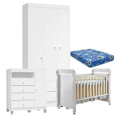 Quarto De Bebê 3 Portas Ternura Baby Com Berço Mirelle Branco Brilho Com Colchão Para Berço Americano - Incorplac