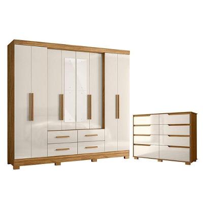 Guarda Roupa Casal San Lorenzo Com Espelho E Cômoda Georgia Freijó Off White – Moval