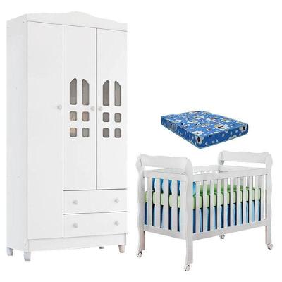 Berço Americano Lila E Guarda Roupa Infantil New Selena 3 Portas Branco Brilho Com Colchão Ortobom – Carolina Móveis