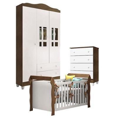 Quarto De Bebê Ariel 3 Portas Com Gaveteiro E Berço Lara Branco Acetinado Amadeirado – Carolina