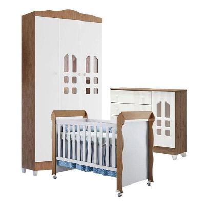 Quarto De Bebê New Selena 3 Portas Com Cômoda Selena E Berço Mirelle Branco Acetinado Amadeirado – Carolina Móveis