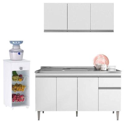 Balcão De Pia Tatiane 145 Cm E Armário Aéreo Andréia 3 Portas 120 Cm Com Fruteira Monalise Branco Brilho – Ajl