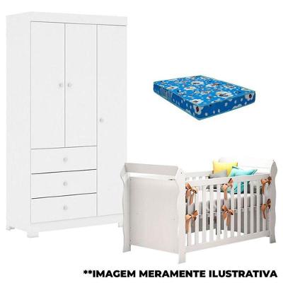 Berço Americano Lara E Guarda Roupa Duda 3 Portas Branco Brilho Com Colchão – Phoenix Baby