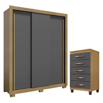 Guarda Roupa Solteiro Nevoa Flex 3 Portas De Correr E Cômoda Cannes 5 Gavetas Carvalho Americano Grafite – Incorplac