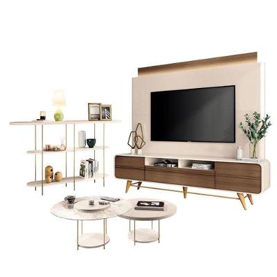 Estante Home Theater Artís Off White Castanho E Aparador Infinity E Kit Mesa De Centro Sky Off White – Hb Móveis