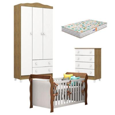 Quarto De Bebê Mel Flat E Berço Americano Lara Branco Acetinado Amadeirado Com Colchão Gazin - Carolina
