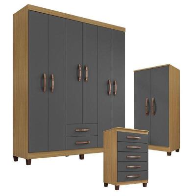 Guarda Roupa Casal Modena Com Cômoda Cannes 5 Gavetas E Armário Multiuso Recife Carvalho Americano Grafite – Incorplac