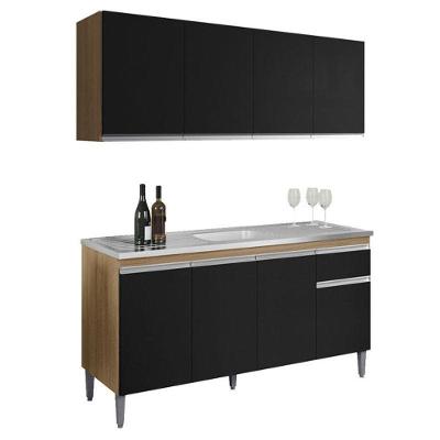 Balcão De Pia Tatiane 145 Cm E Armário Aéreo Andreia 4 Portas 150 Cm Amêndoa Preto – Ajl