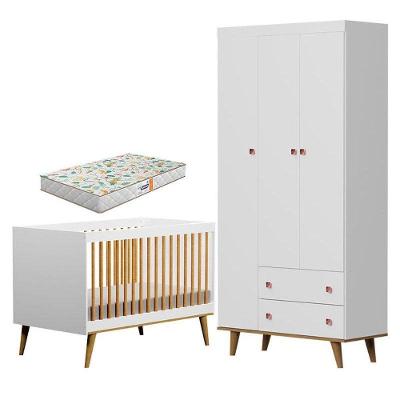 Berço Ligia E Guarda Roupa Fernanda 3 Portas Branco Bétula Com Colchão Gazin – Carolina Baby