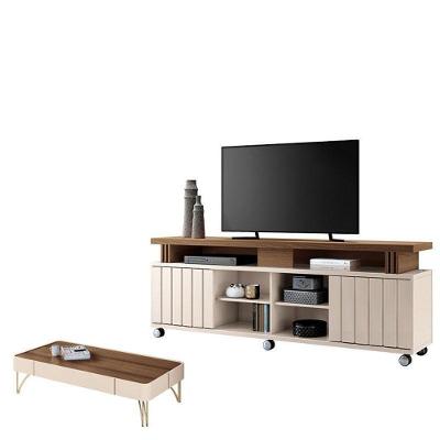 Rack Bancada Rivera 1.8 Com Mesa De Centro Cadenza Off White Castanho – Hb Móveis