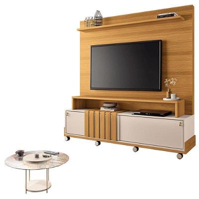 Estante Home Theater Bold Off White Cinamomo E Mesa De Centro Sky Com Tampo De Vidro Off White– Hb Móveis