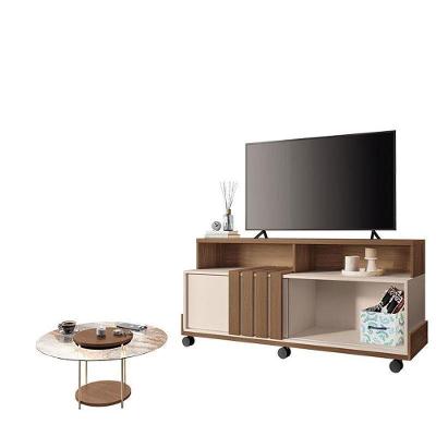Rack Bancada Graci 1.3 Com Mesa De Centro Sky Com Tampo De Vidro Castanho Off White – Hb Móveis