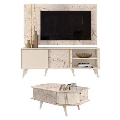 Rack Bancada E Painel Para Tv Cronos Com Mesa De Centro Indianápolis Calacata Off White – Madetec