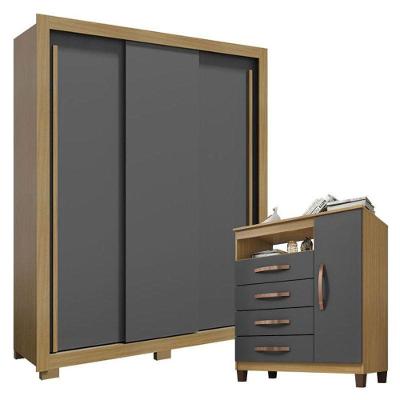 Guarda Roupa Solteiro Nevoa Flex 3 Portas De Correr Com Cômoda Sapateira Cannes Carvalho Americano Grafite – Incorplac
