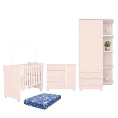 Dormitório Doce Sonho 2 Portas, Cômoda 1 Porta, Berço Rosa Acetinado Com Rodízio E Colchão - Qmovi Rosa Acetinado