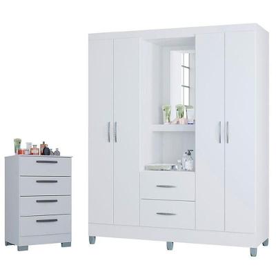 Cômoda 867 4 Gavetas Com Guarda Roupa Solteiro Córdoba 4 Portas Branco Brilho - Poquema