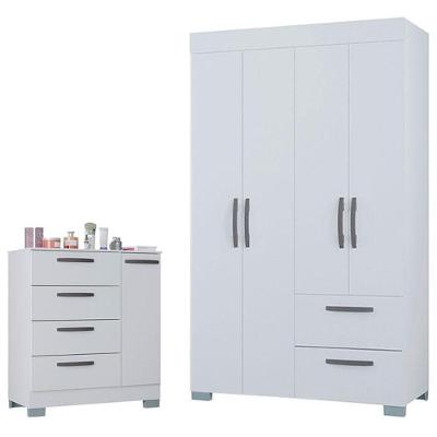 Cômoda 868 4 Gavetas E 1 Porta Com Guarda Roupa Solteiro Tóquio 4 Portas Branco Brilho - Poquema