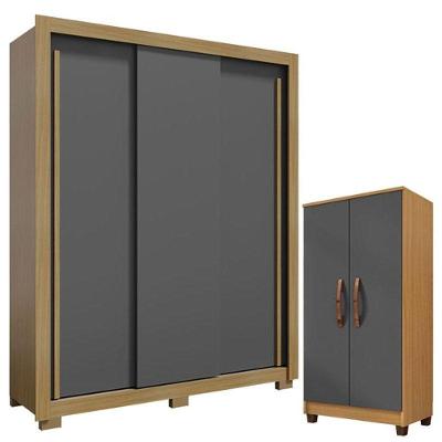 Guarda Roupa Solteiro Nevoa Flex 3 Portas De Correr Com Armário Multiuso Recife Carvalho Americano Grafite - Incorplac