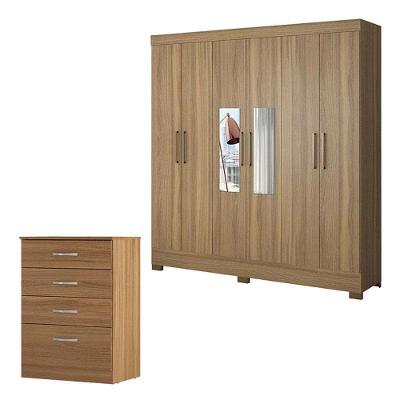 Cômoda Astral E Guarda Roupa Casal Prático Amêndola Touch Com Espelho - Demóbile