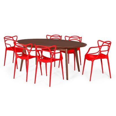 Conjunto Mesa De Jantar Oval Vértice Nozes 190Cm Com 6 Cadeiras Allegra - Vermelho