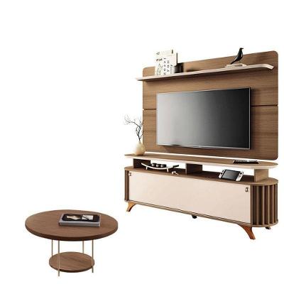 Rack Bancada Alba Com Painel Curv Com Mesa De Centro Sky Castanho Off White – Hb Móveis