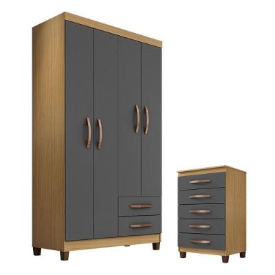 Guarda Roupa Solteiro Modena 4 Portas Com Cômoda Gaveteira Cannes Carvalho Americano Grafite – Incorplac