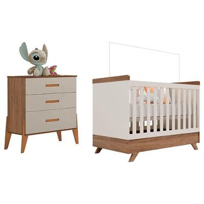 Berço Americano Retro Vitória Com Cômoda Gaveteiro Infantil Emilly Off White Carvalho - Canaã